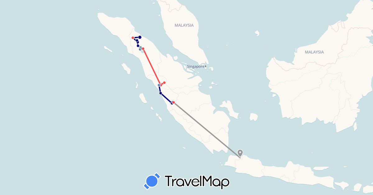 TravelMap itinerary: driving, plane, cycling, train, hiking in Indonesia (Asia)